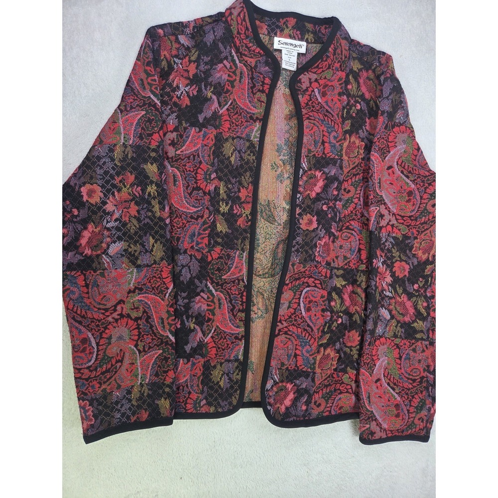 Serengeti Womens L Tapestry Open Front Jacket Floral Paisley Patchwork Boho